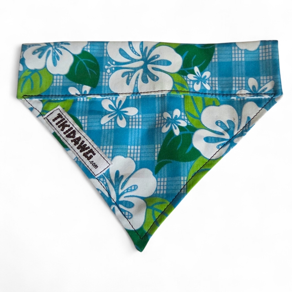 Tiki Dawg Tropical Print Dog Bandana White Hibiscus Green Monstera Blue NWOT
